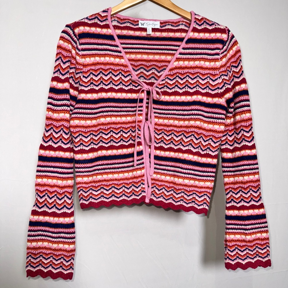 Jessica Simpson Womens Tie Front Cardigan Sweater Pink Stripe Knit crochet Med